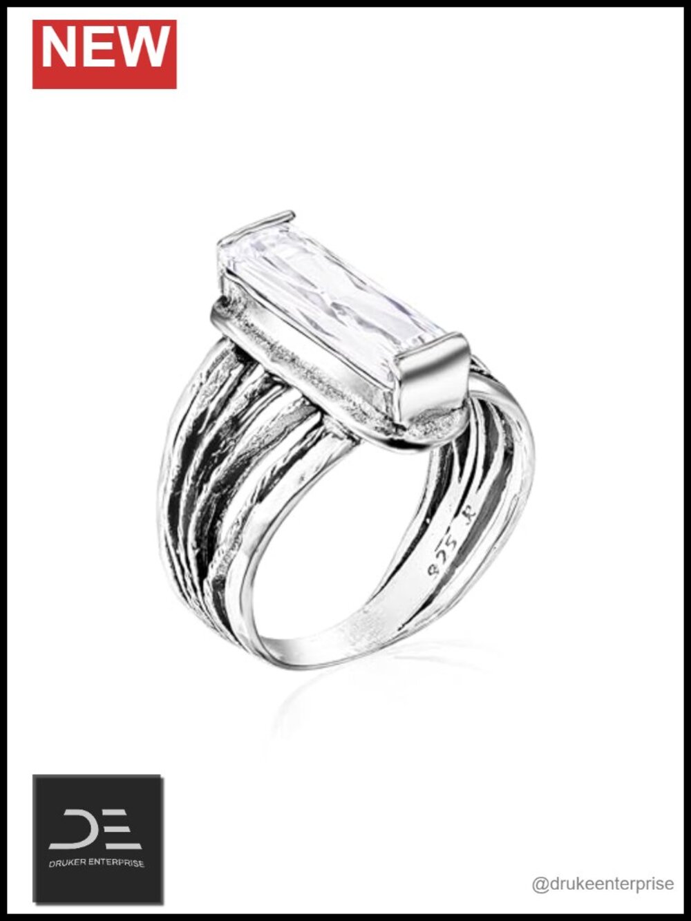 925 Sterling Silver Statement Ring Baguette CZ Wire Wrap Multi Strand